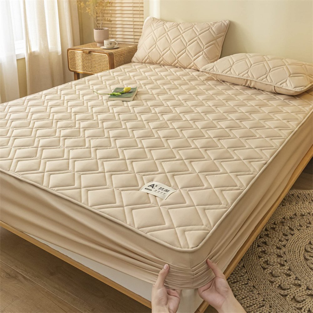 ONURTH Fitted Sheet 100 x 200 cm, Brushed Cotton, Thick Quilted, Non-Slip Mattress Protector, Camel