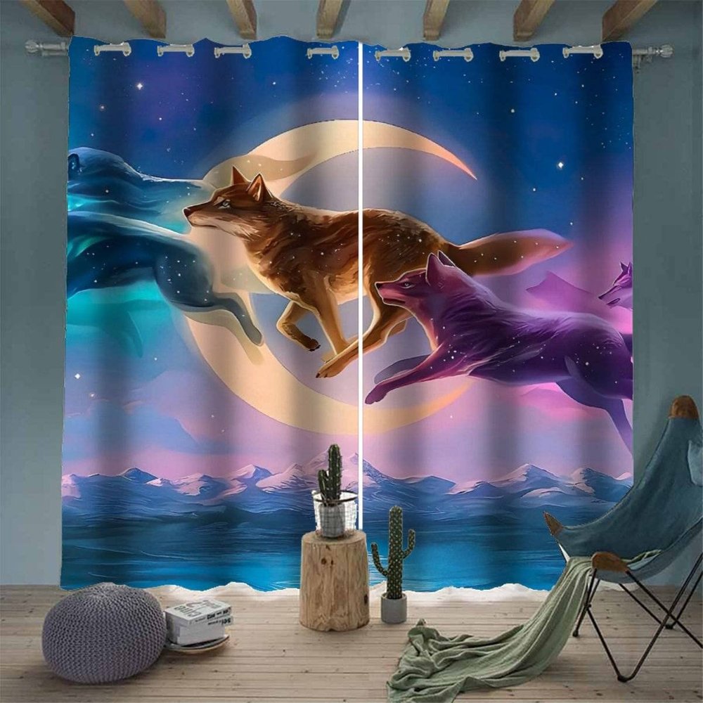 BUMIYA Moon and Colorful Wolves Blackout Curtains, 2 Panels, 200 x 200 cm