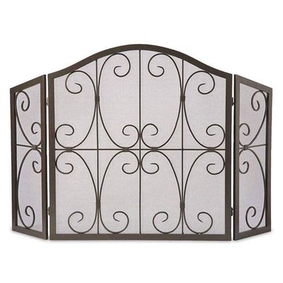 FLBT Fireplace Fire Screen, Extra Large 3-Piece Wrought-Iron Spark Guard, Decorative Scroll Design, Black, 52 x 31.5 in