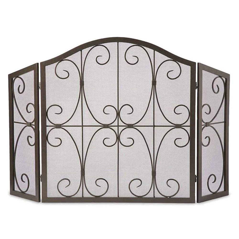 FLBT Fireplace Fire Screen, Extra Large 3-Piece Wrought-Iron Spark Guard, Decorative Scroll Design, Black, 52 x 31.5 in