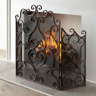 FLBT Freestanding 3-Panel Fireplace Spark Guard, Vintage Iron Scroll Design, 50 x 35 in
