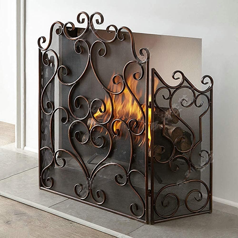 FLBT Freestanding 3-Panel Fireplace Spark Guard, Vintage Iron Scroll Design, 50 x 35 in