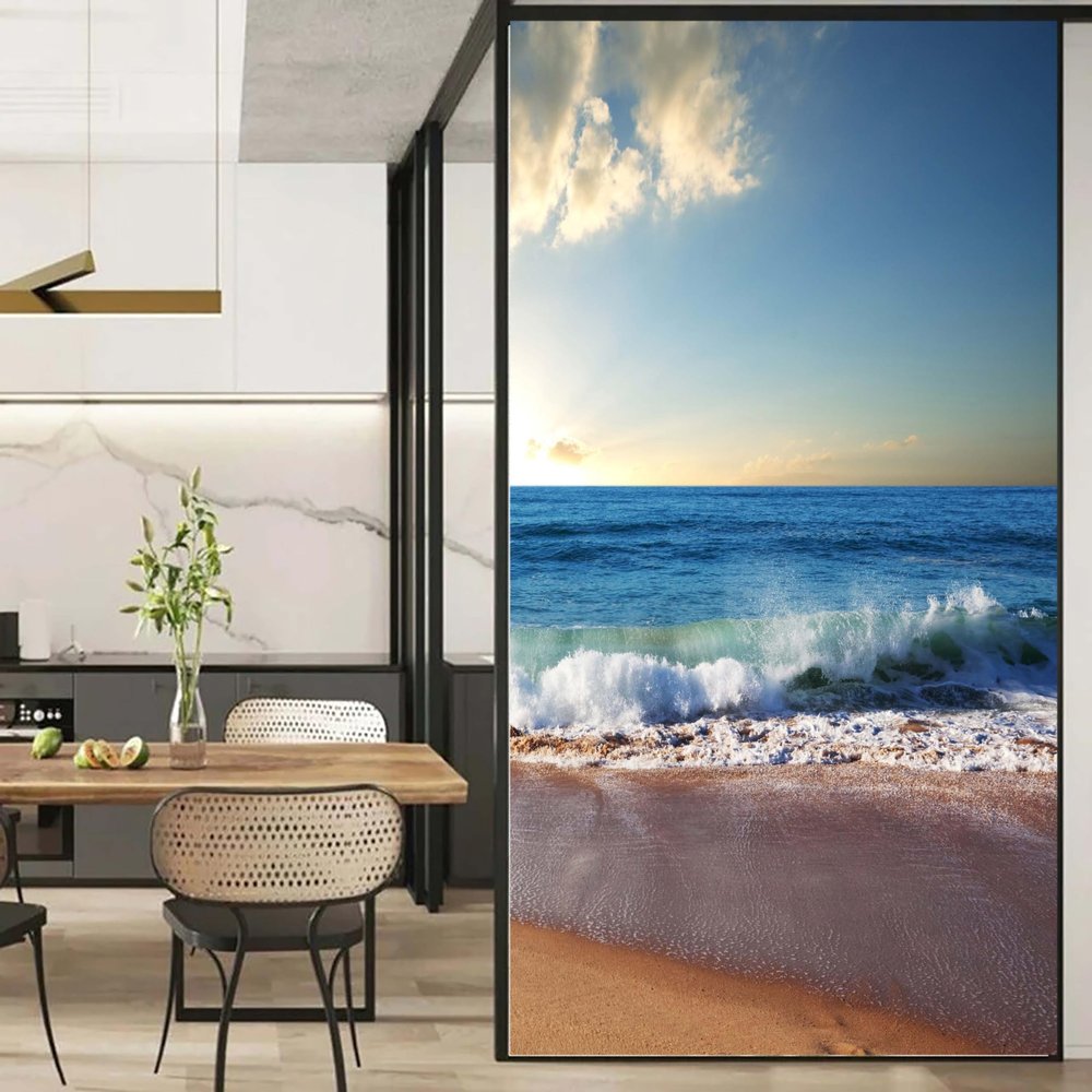 Privacy Window Film, Beach Landscape M, Colorful Stained-Glass-Style Static Cling, Decorative Frosted Window Covering, 60 x 90 cm