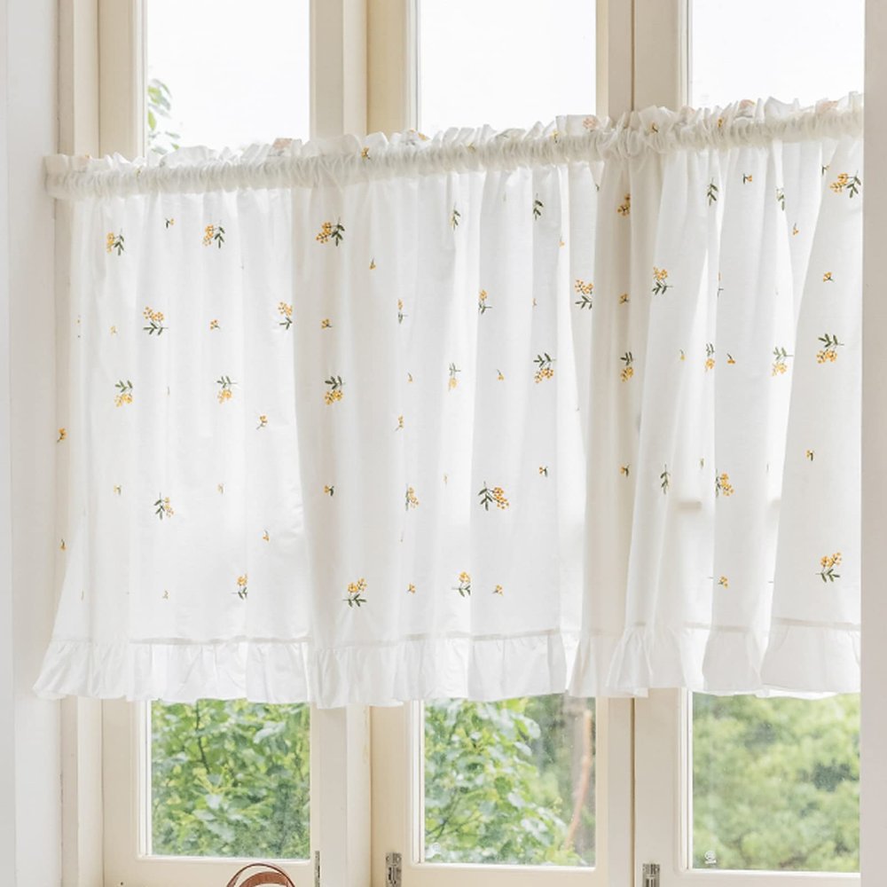 Cotton Short Cafe Curtain, Embroidered Floral Bistro Curtain, Yellow