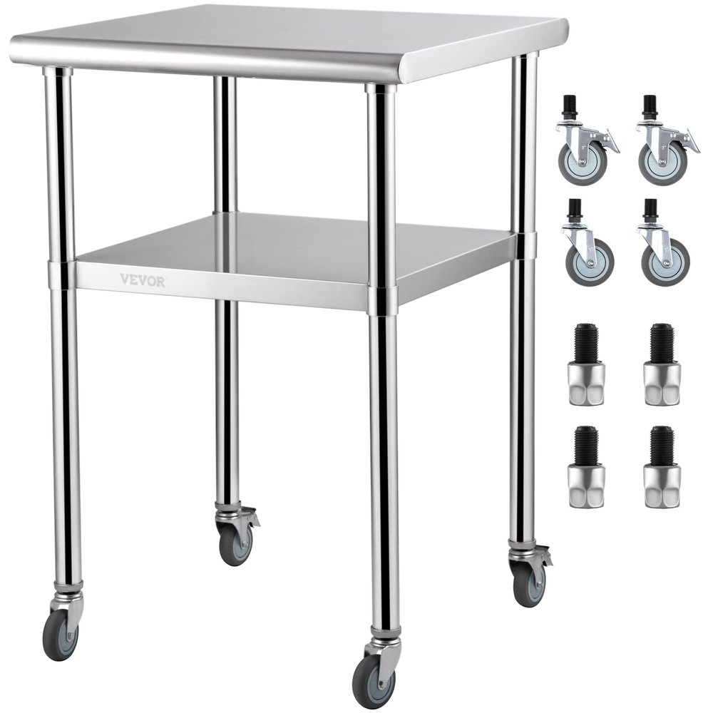 VEVOR Commercial Stainless Steel Table, 24 x 24 x 36 in, Rolling Two-Tier Prep Table, 400 lb + 200 lb Capacity