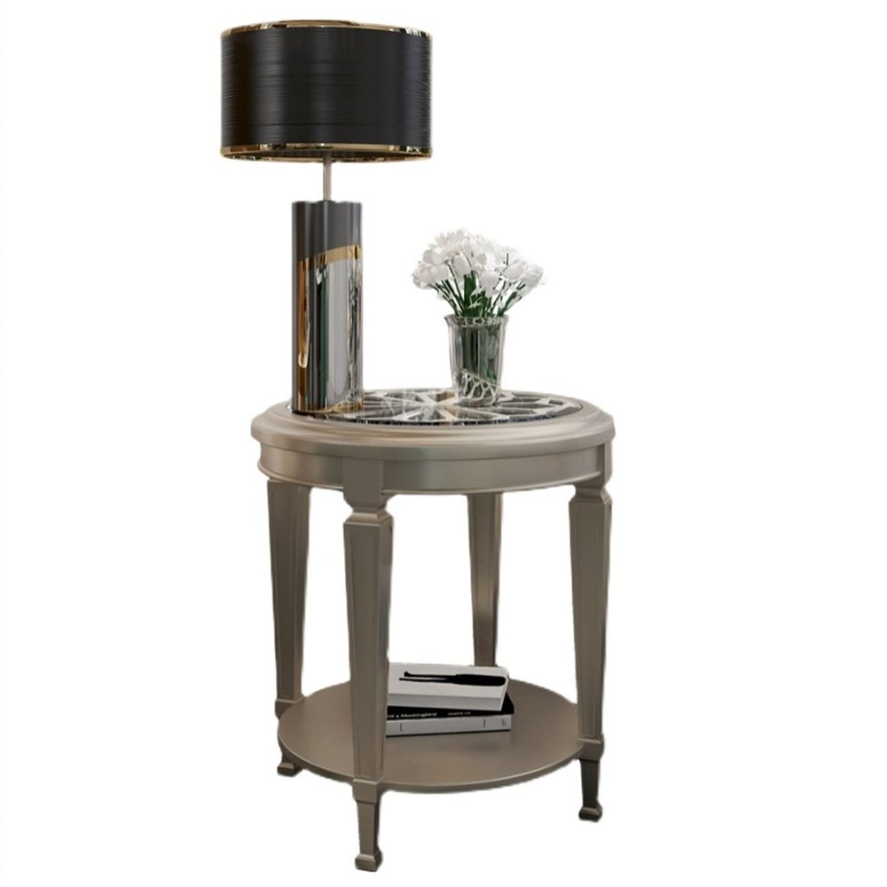 Rustic 2-Tier Round Side Table with Open Storage, Wood Legs and Tempered Glass, Silver