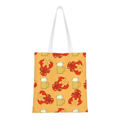 Raining Cats & Dogs Canvas Tote Bag for Women, Reusable Shopping Bag, Beer and Crab Pattern, One Size