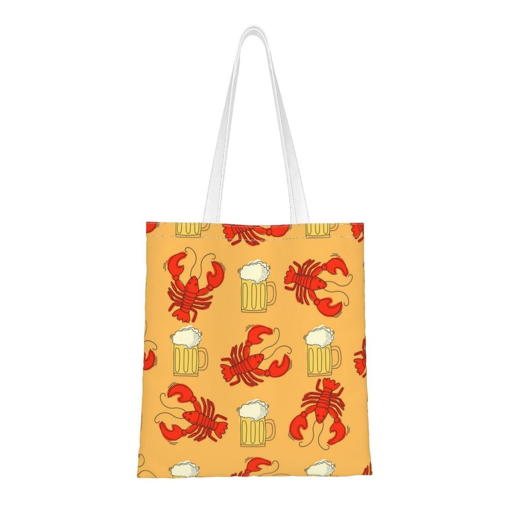 Raining Cats & Dogs Canvas Tote Bag for Women, Reusable Shopping Bag, Beer and Crab Pattern, One Size