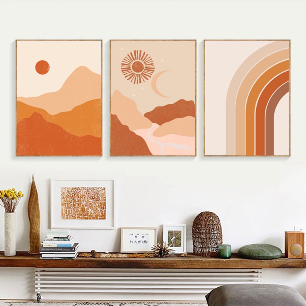 Burnt Orange Boho Canvas Wall Art, Rainbow Desert Moon Phases, 3-Piece Set, 40 × 60 cm Each, Unframed
