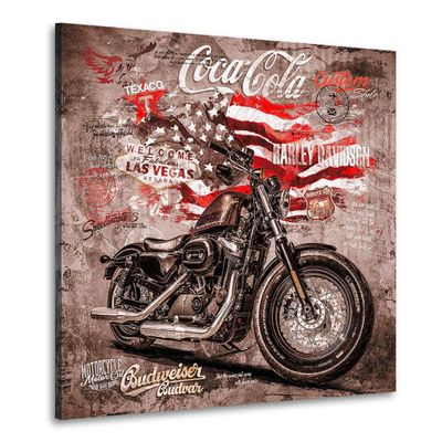 Kunstgestalten24 Harley Wall Art in Vintage USA Style with Flag, Route 66 & Coke, Canvas with Solid Wood Stretcher Frame | 150 x 150 x 4 cm