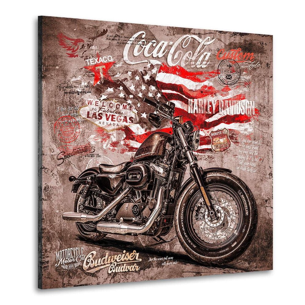 Kunstgestalten24 Harley Wall Art in Vintage USA Style with Flag, Route 66 & Coke, Canvas with Solid Wood Stretcher Frame | 150 x 150 x 4 cm