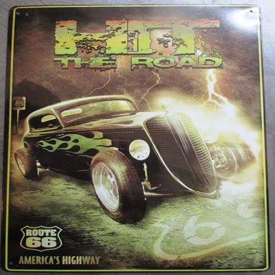 hotrodspirit - Hot Rod Sign with Flames, Green, Hit the Road, 38 x 30 cm