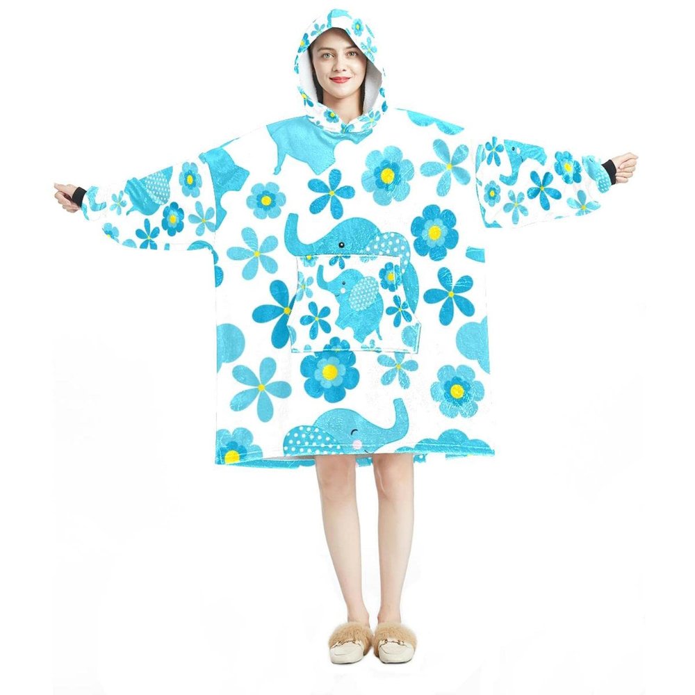Wearable Blanket Hoodie, Elephant Blue Pattern, Oversized Hooded Blanket Sweatshirt, Multicolor, One Size