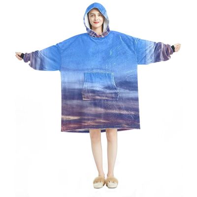 Wearable Blanket Hoodie, Blue Cloudy Sky, Oversized Hooded Sweatshirt, Multicolor, One Size