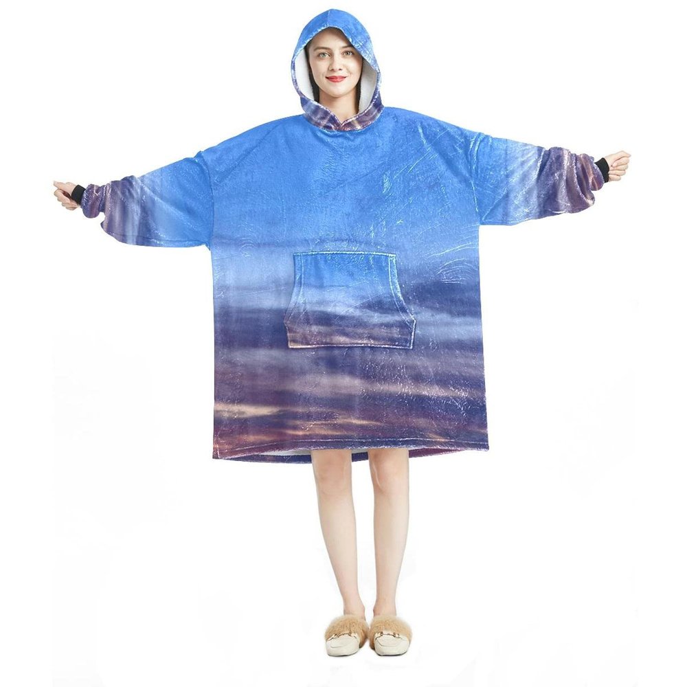 Wearable Blanket Hoodie, Blue Cloudy Sky, Oversized Hooded Sweatshirt, Multicolor, One Size