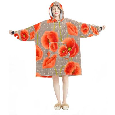 Portable Hooded Blanket Sweatshirt, Red Poppies and Floral Dots, Multicolor, One Size