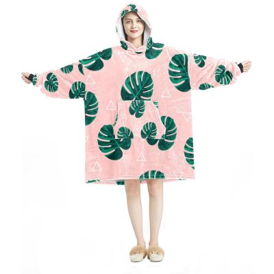 Wearable Hooded Blanket, Tropical Leaves, Pink, Oversized Hoodie Sweatshirt, Multicolor, One Size