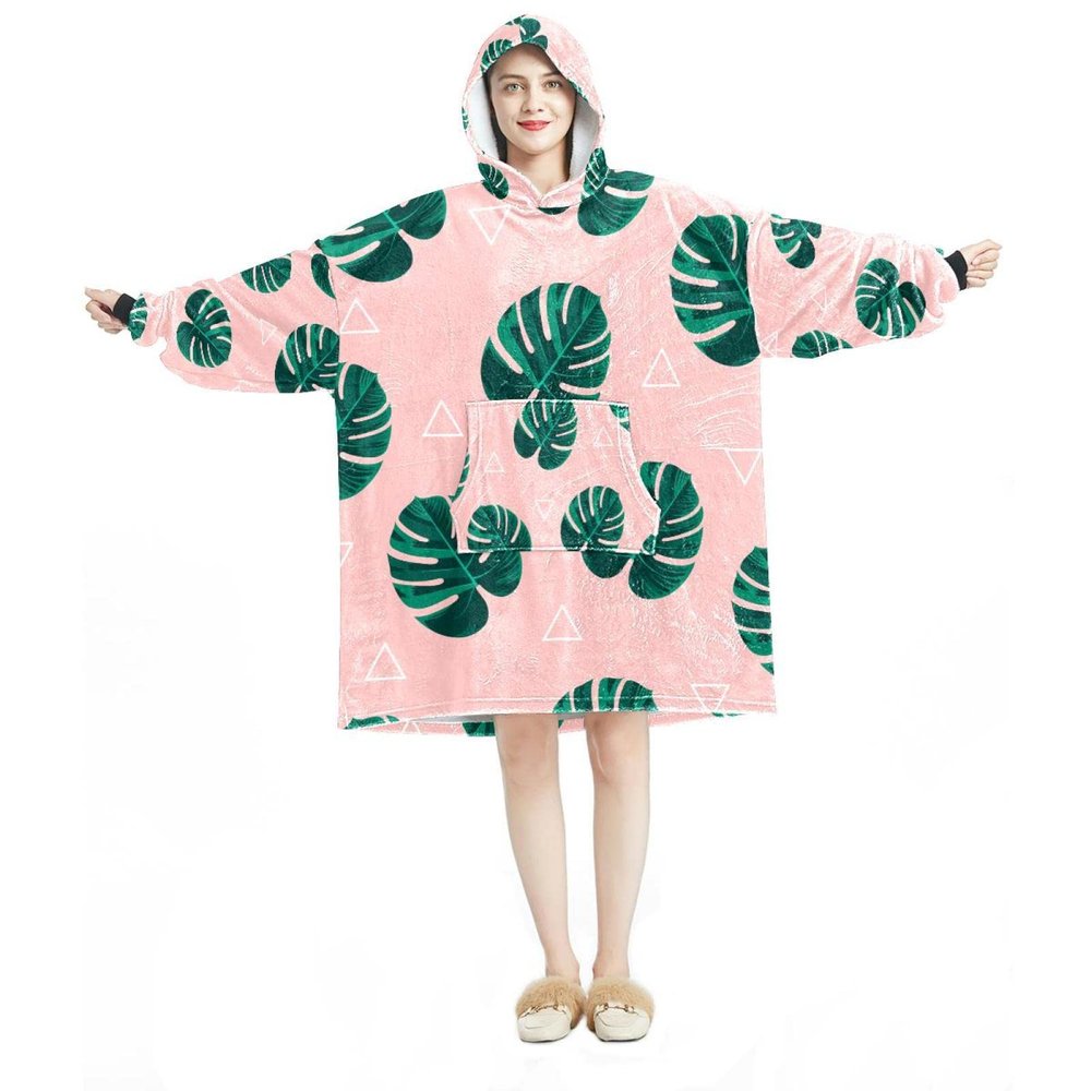 Wearable Hooded Blanket, Tropical Leaves, Pink, Oversized Hoodie Sweatshirt, Multicolor, One Size