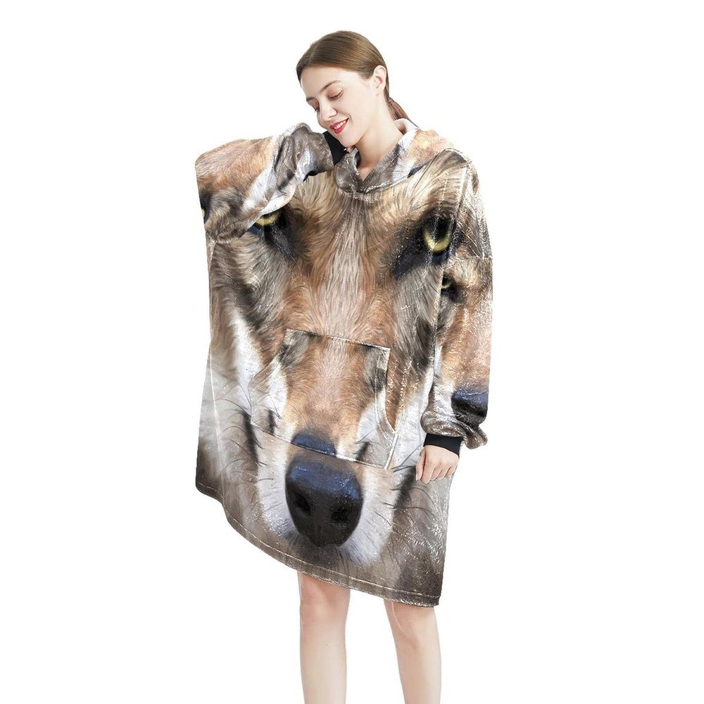 Wolf Animal Wearable Blanket Hoodie, Oversized Hooded Sweatshirt for Women, Multicolor, One Size