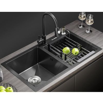 Kitchen Sink with Pull-Out Faucet, 304 Stainless Steel Double Bowl, 78 x 43 cm