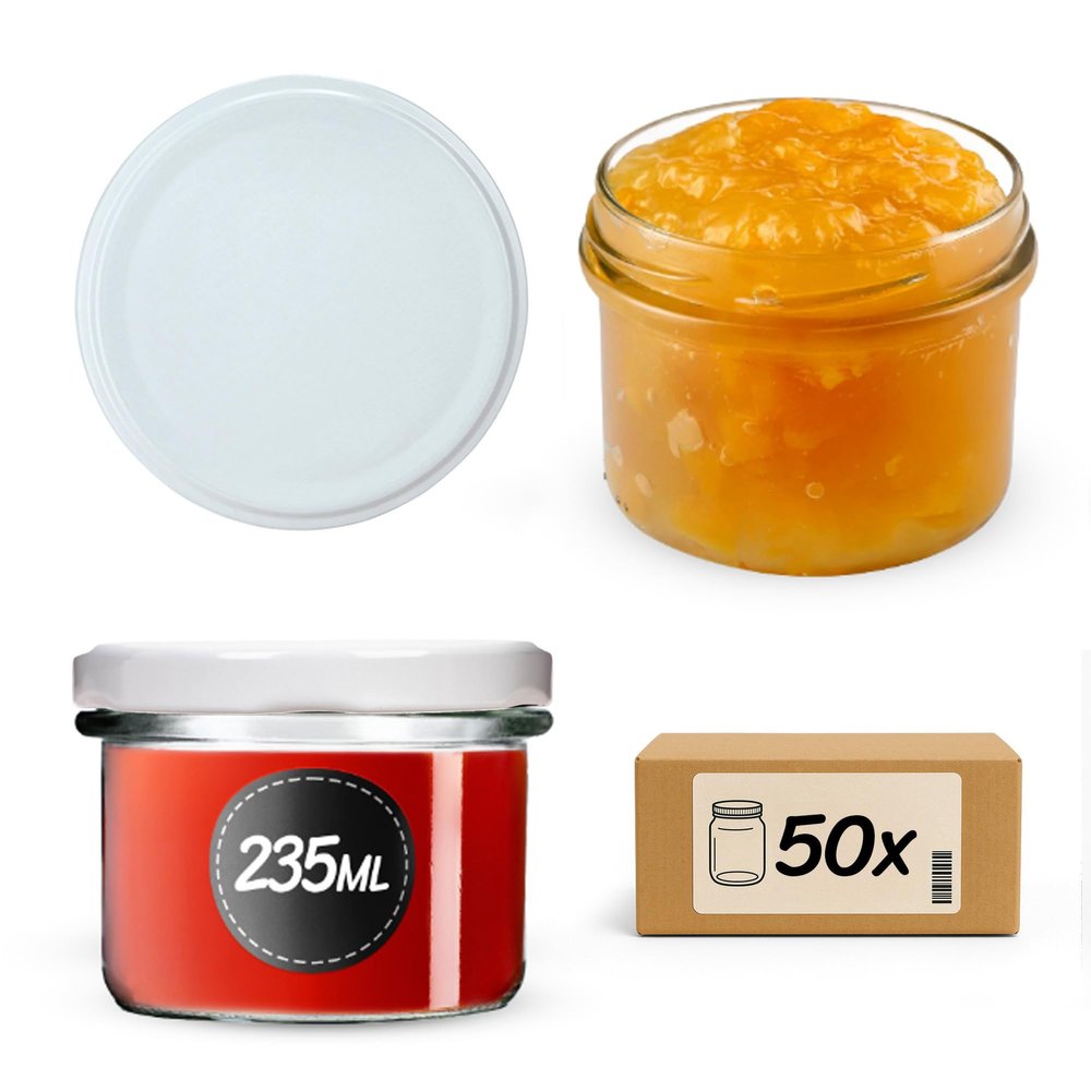KADAX Set of 50 Jam Jars, 235 ml, TO82, White, Canning and Storage Mason Jars with Screw-Top Lids for Honey and Preserves