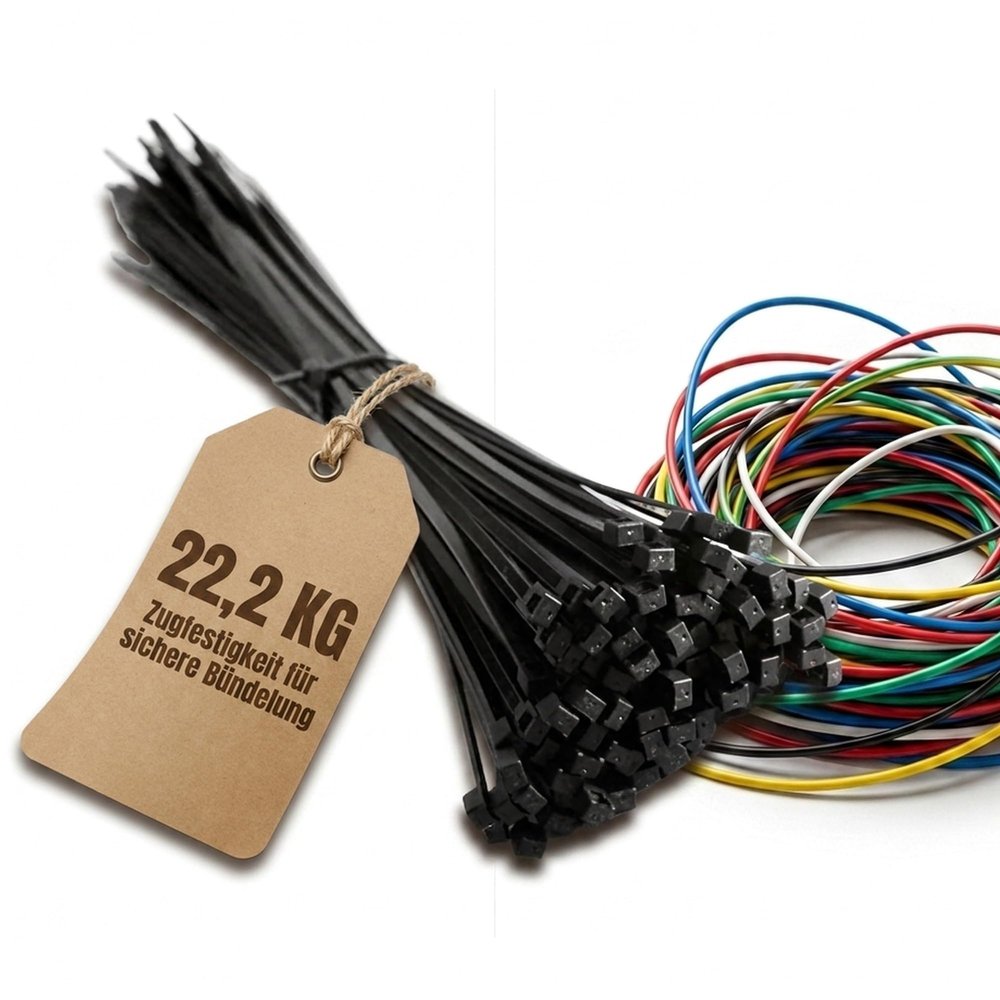 ADELID Black Cable Ties, 200-Pack, 250 x 4.8 mm, 22.2 kg Tensile Strength, PA 6.6, UL 94 V-2