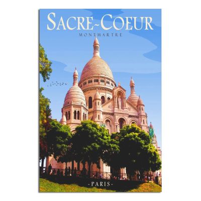 VTGCLT France Paris Vintage Travel Poster, Sacré-Cœur Basilica, Castle, Tree, Blue Sky and Bird Canvas Wall Art, 20 x 30 cm