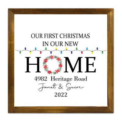 Framed Wooden Sign “Our First Christmas in Our New Home,” 2022 Wreath, Personalized, 30.5 x 30.5 cm