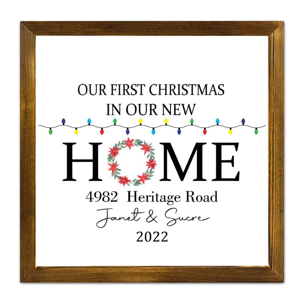 Framed Wooden Sign “Our First Christmas in Our New Home,” 2022 Wreath, Personalized, 30.5 x 30.5 cm