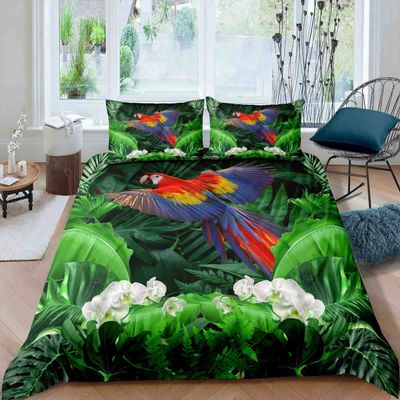 Tropical Birds Watercolor Hummingbird and Flowers Twin Duvet Cover, Exotic Wildlife White Abstract Polyester Bedding