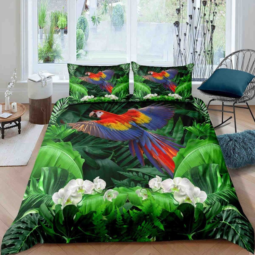 Tropical Birds Watercolor Hummingbird and Flowers Twin Duvet Cover, Exotic Wildlife White Abstract Polyester Bedding