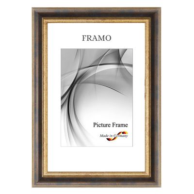 FRAMO N46 Baroque Picture Frame DIN A5 (14.8 x 21 cm), Solid Wood, Bronze Gold