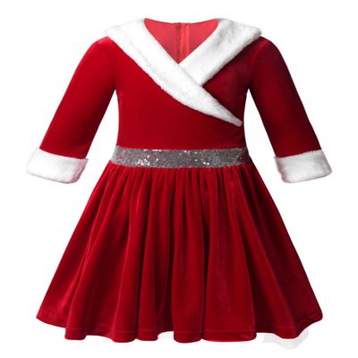 TiaoBug Girls' Long-Sleeve Velvet Christmas Dress with/without Hood, Red, Size 170–176