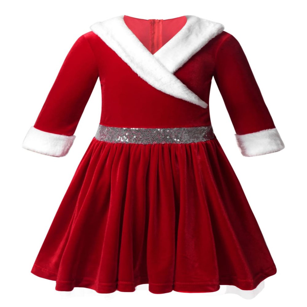 TiaoBug Girls' Long-Sleeve Velvet Christmas Dress with/without Hood, Red, Size 170–176