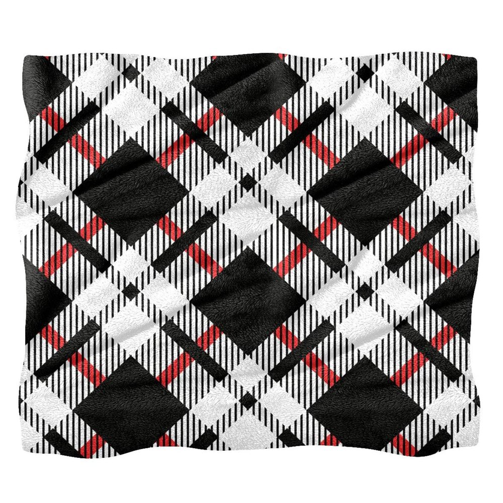 Fleece Throw Blanket, Black, White, Gray and Red Plaid