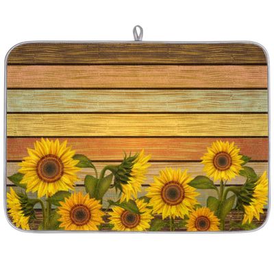 Sunflower Wooden Dish Drying Mat, Retro Flower, Absorbent Microfiber, 45.7 x 61 cm