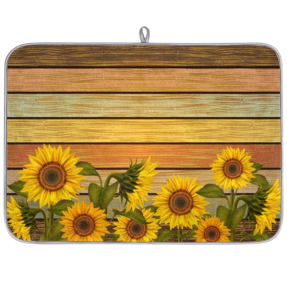 Sunflower Wooden Dish Drying Mat, Retro Flower, Absorbent Microfiber, 45.7 x 61 cm
