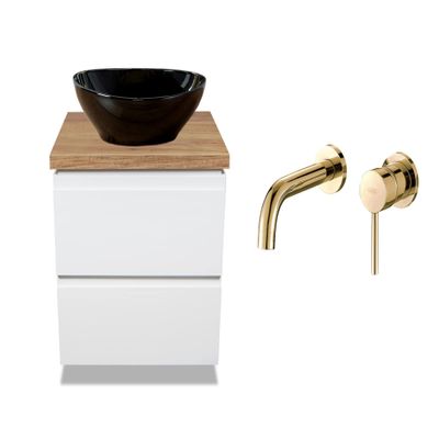 VBChome 60 cm White Bathroom Vanity with Black Sofia Vessel Sink, Gold Wall-Mounted Faucet and 2 Drawers