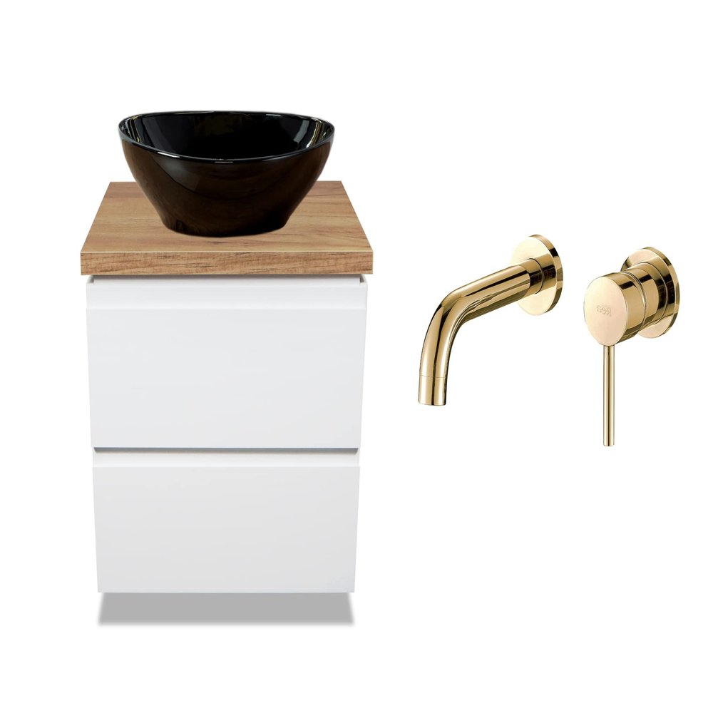 VBChome 60 cm White Bathroom Vanity with Black Sofia Vessel Sink, Gold Wall-Mounted Faucet and 2 Drawers