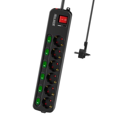 RealMade 6-Outlet Power Strip, Individually Switched, 2 m Cable, 1 USB-A + 1 USB-C, 16 A/3680 W, Black