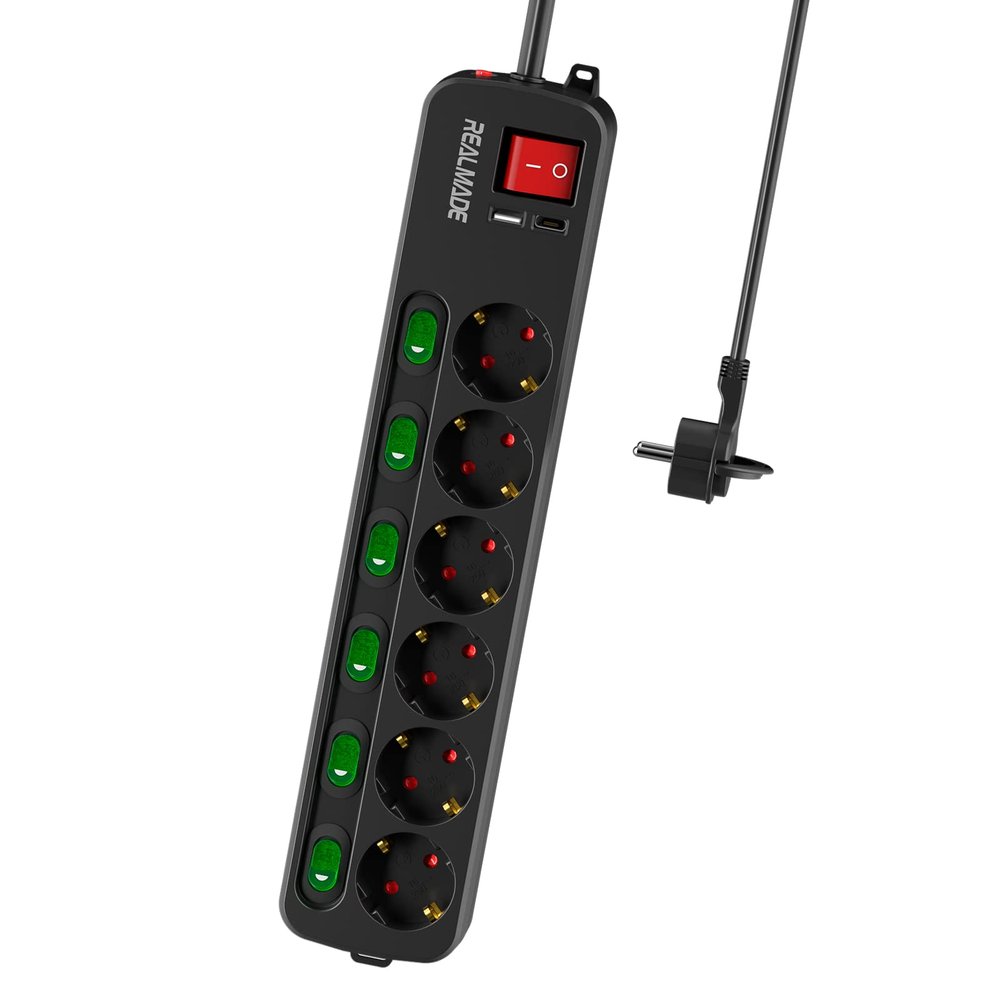 RealMade 6-Outlet Power Strip, Individually Switched, 2 m Cable, 1 USB-A + 1 USB-C, 16 A/3680 W, Black