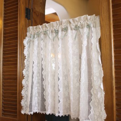 Cutwork Café Curtain with White Embroidered Flowers, Rod Pocket, Cotton, Country Style