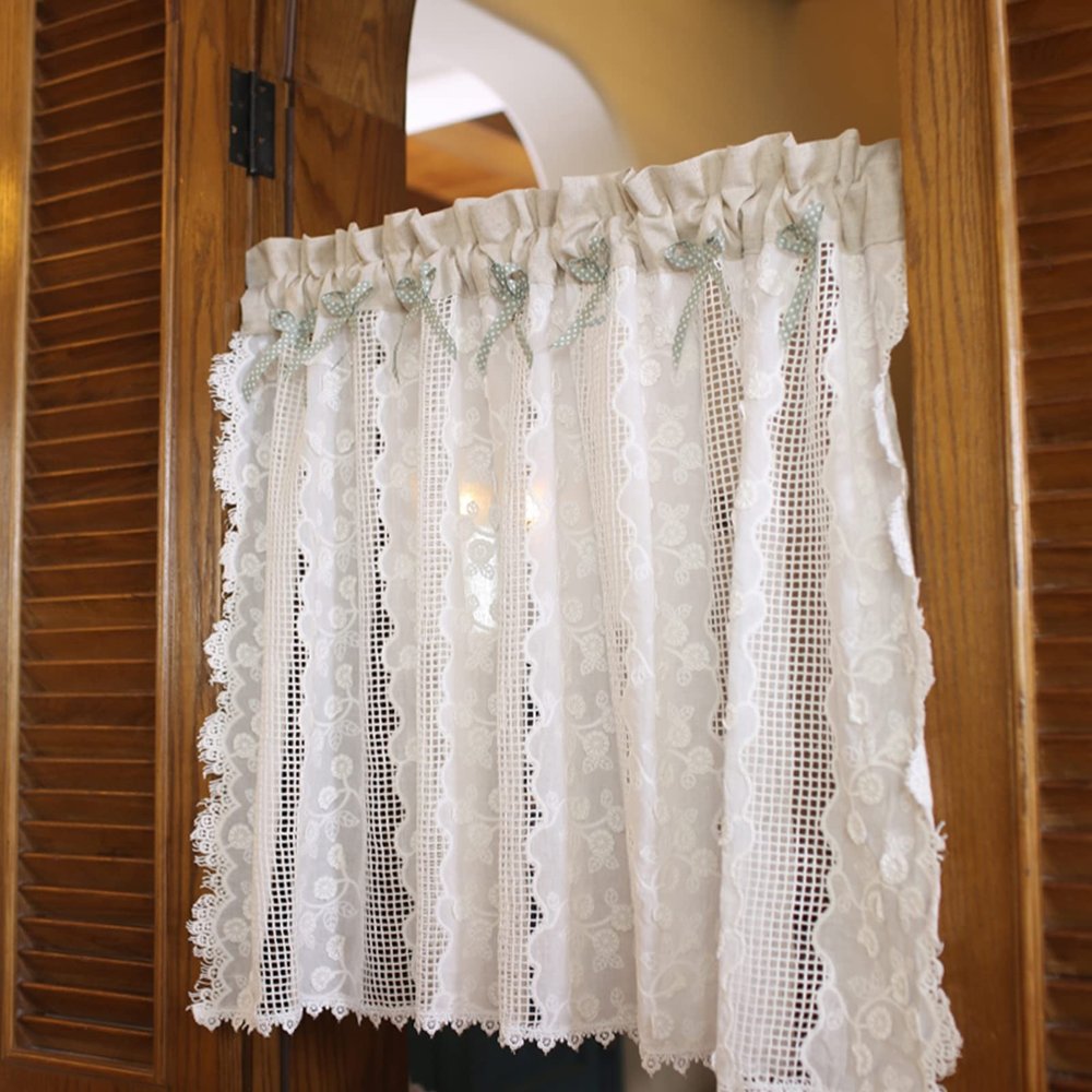 Cutwork Café Curtain with White Embroidered Flowers, Rod Pocket, Cotton, Country Style