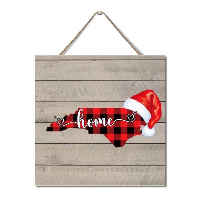 North Carolina Buffalo Plaid Santa Hat Wooden Door Sign, 12 in, Rustic Farmhouse Style