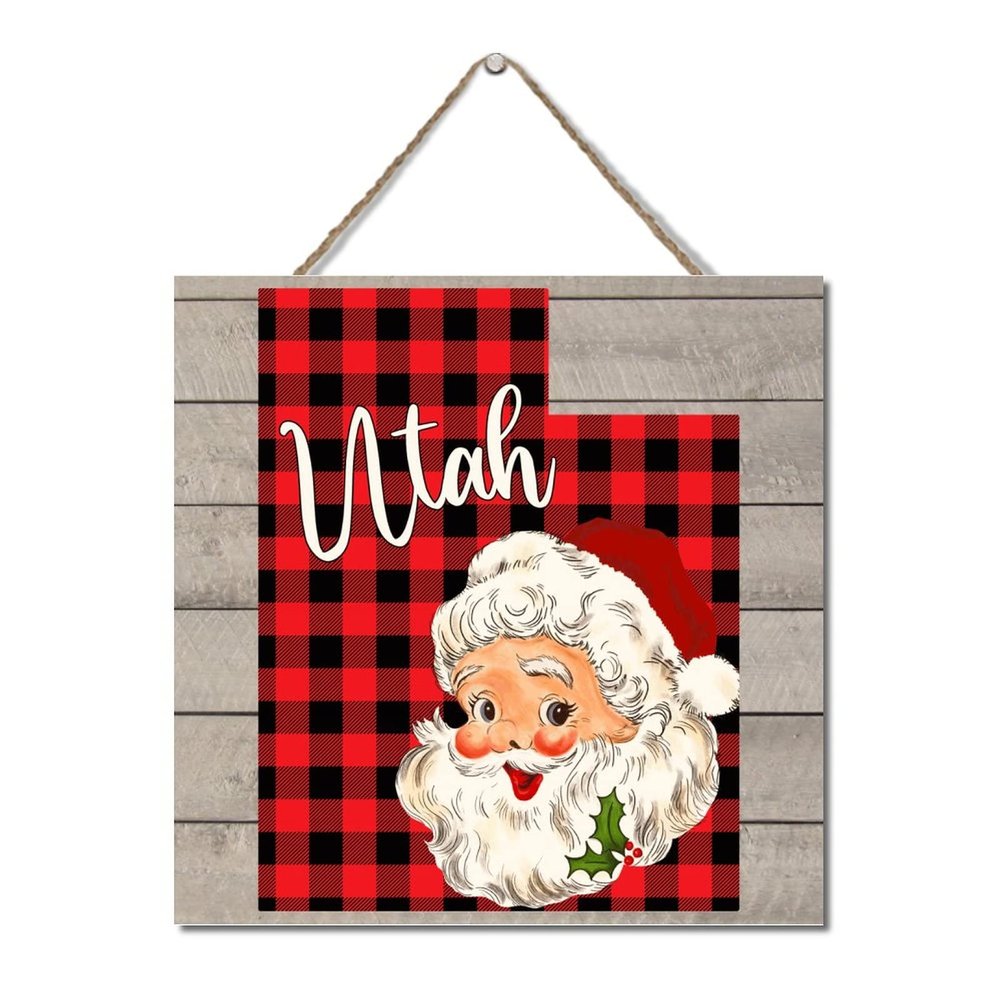 Utah 2022 Buffalo Check Santa Wooden Sign