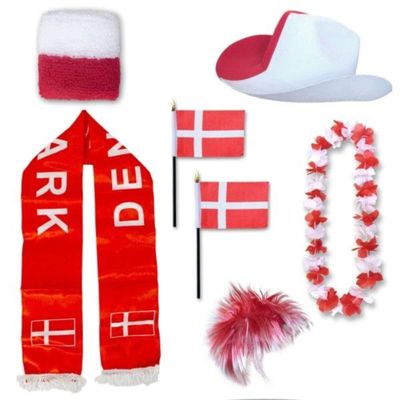 Sonia Originelli Denmark Fan Set with XXXL Shaggy Wig, Cowboy Hat, Lei, Scarf, Sweatband and Flags