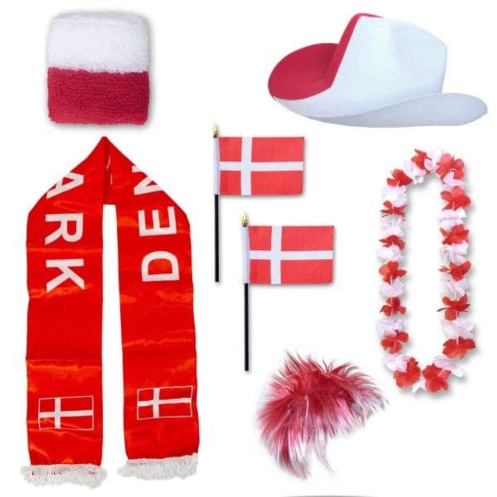 Sonia Originelli Denmark Fan Set with XXXL Shaggy Wig, Cowboy Hat, Lei, Scarf, Sweatband and Flags
