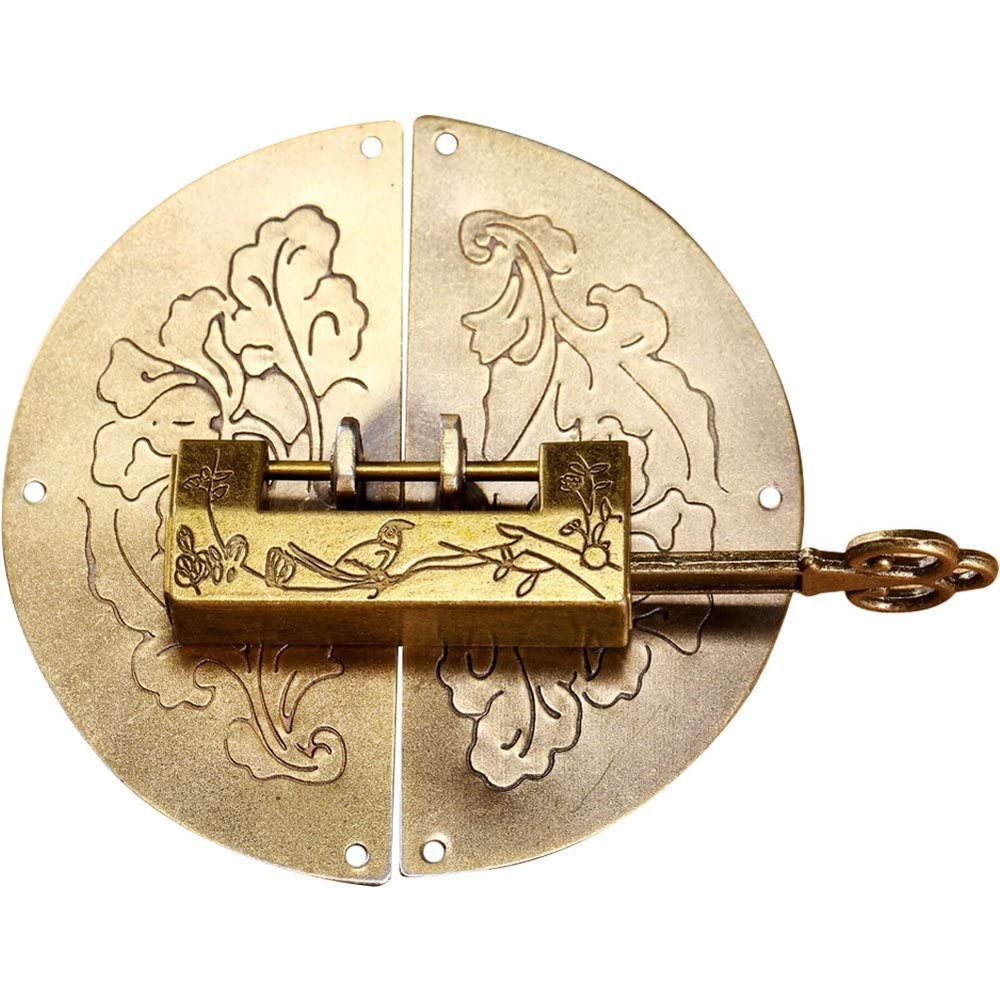 Ericetion 2-Piece Chinese Vintage Bird Lock and Round Pull Handle Set, Antique Brass