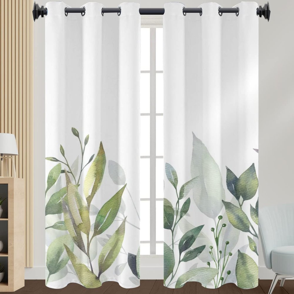 Morbuy Blackout Curtains, Set of 2, Grommet, 3D Plant Print, 132 x 182 cm