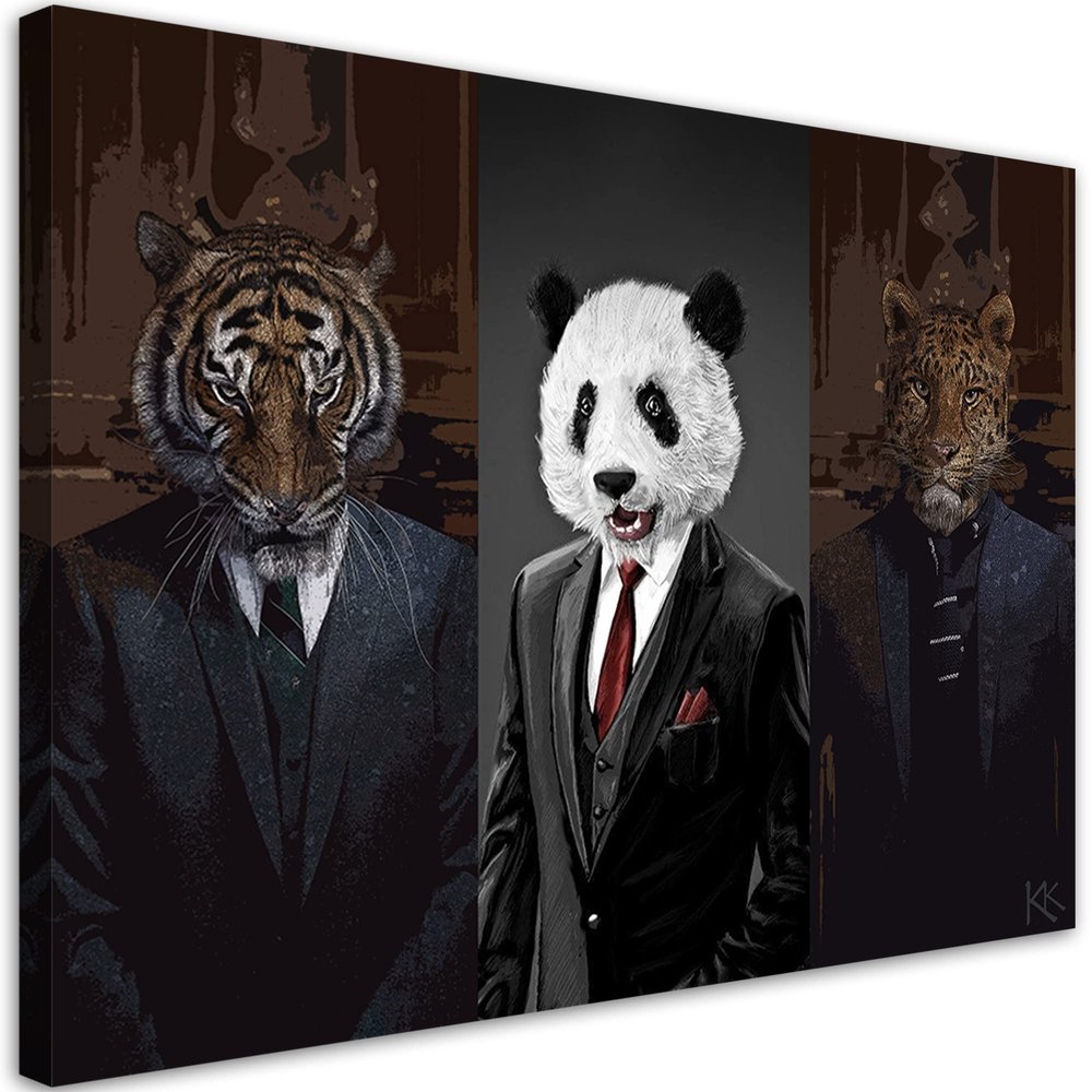 Feeby Canvas Wall Art, 60 x 40 cm, Animals in Suits, Tiger, Panda & Leopard, Brown